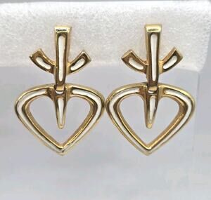 Earrings Vintage Heart On A Vine Design Raquel Signed Creamy Enameled Clip On